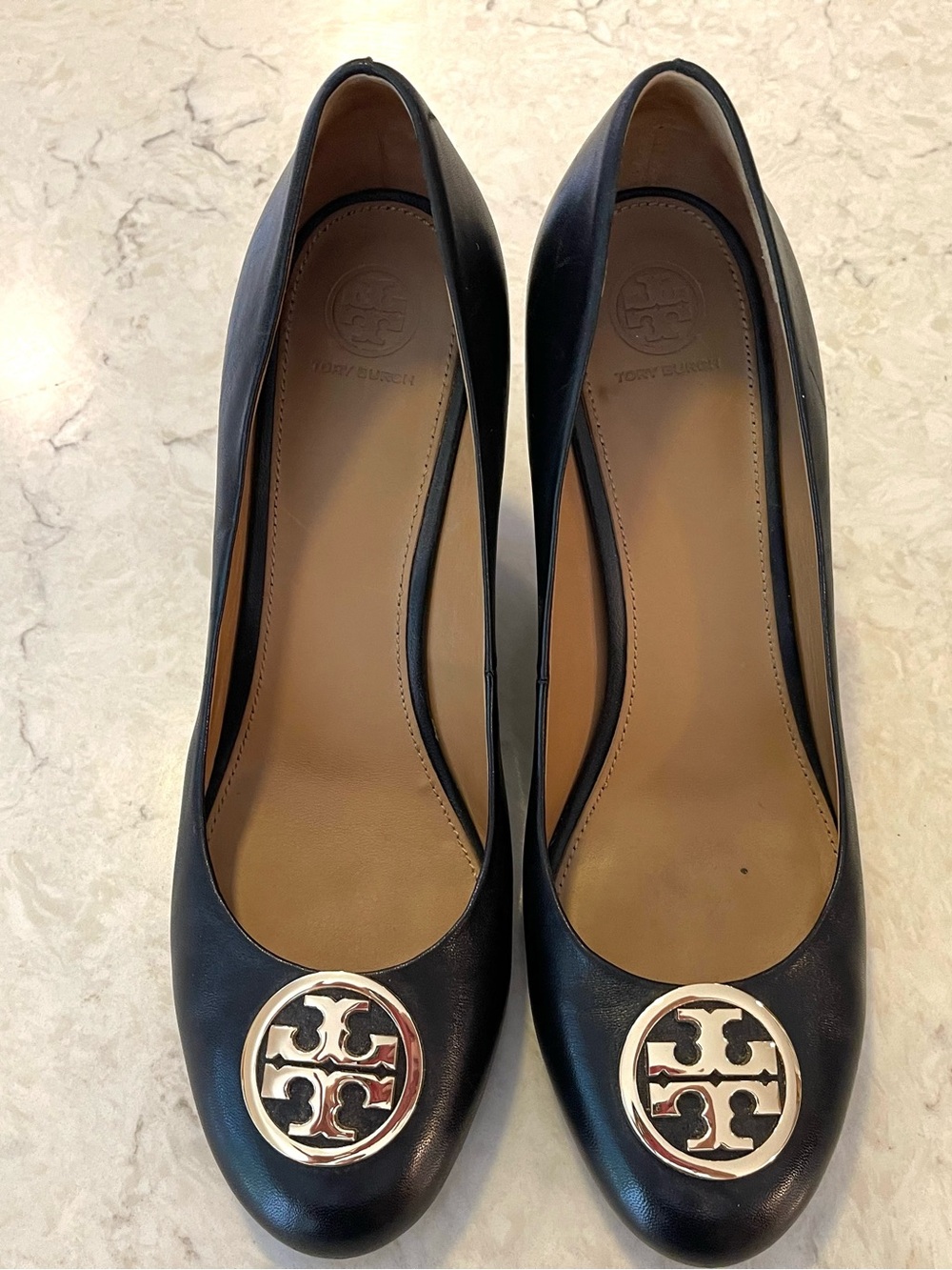 Tory Burch Black Leather  wedge pumps with Gold Logo Medallions, 4” heel.
